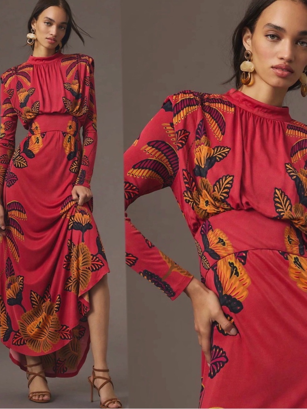 Elegant Red Floral Long-Sleeve Maxi Dress - Picture 3 of 12